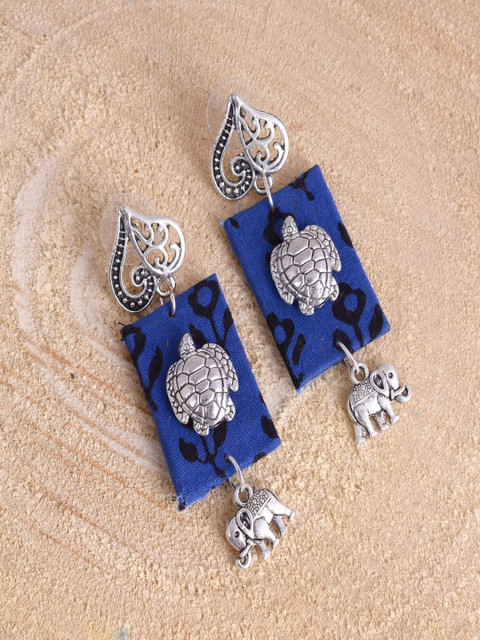 

kashwini Blue Silver-Plated Geometric Fabric Drop Earrings