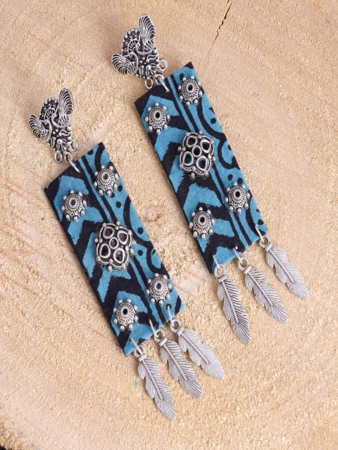 

kashwini Turquoise Blue Silver-Plated Geometric Fabric Drop Earrings