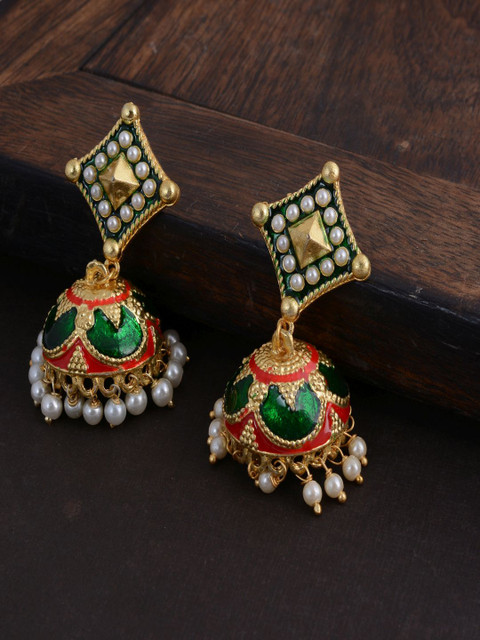 

kashwini Red & Green Gold-Plated Contemporary Jhumkas Earrings
