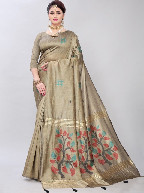 

FASHION YOU Beige & Red Floral Jacquard Banarasi Saree