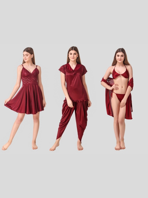 

Romaisa Women Maroon Set Of 6 Satin Solid Nightwear Set