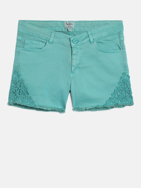 

Pepe Jeans Girls Mint Green Solid Regular Fit Denim Shorts
