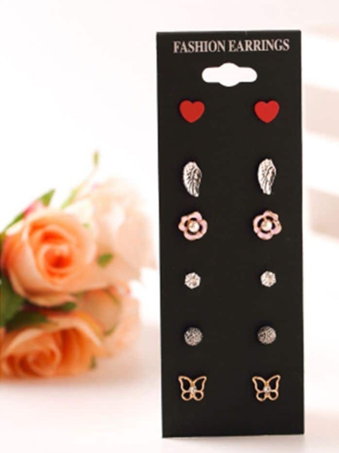 

stripes Rose 6 Pair of Gold & Red Contemporary Studs Earrings, Rose gold