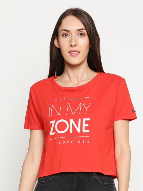 

LOVEGEN Women Red Typography Printed Boxy T-shirt