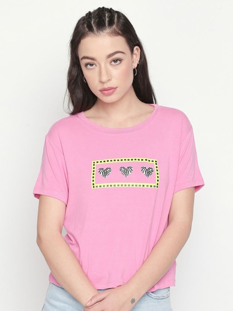 

LOVEGEN Women Pink Printed Drop-Shoulder Sleeves Loose T-shirt