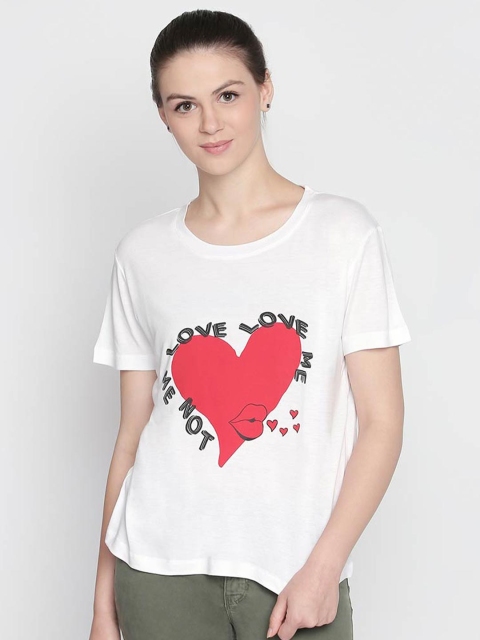 

LOVEGEN Women White Printed Drop-Shoulder Sleeves T-shirt