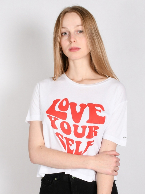 

LOVEGEN Women White Typography Printed Boxy T-shirt