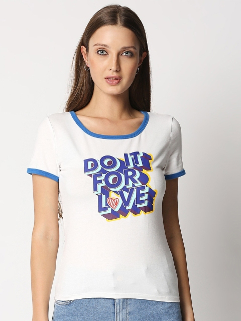 

LOVEGEN Women White Typography Printed Slim Fit T-shirt