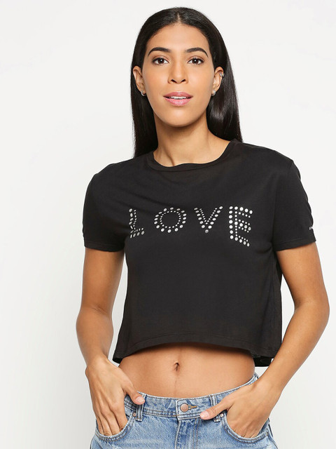 

LOVEGEN Women Black Typography Printed Boxy Crop T-shirt