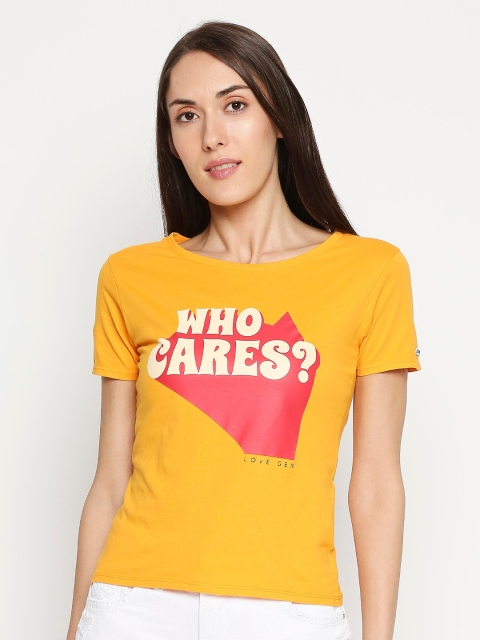

LOVEGEN Women Mustard Yellow Typography Printed T-shirt