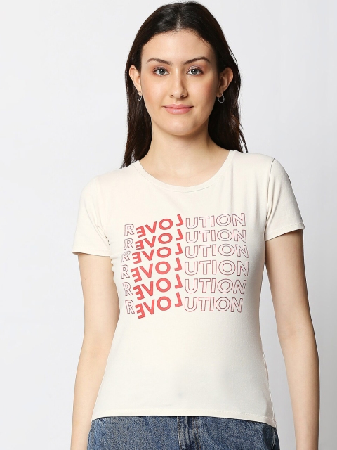 

LOVEGEN Women Beige & Red Typography Printed T-shirt