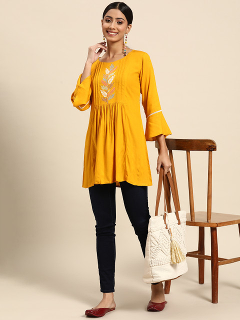 

Sangria Mustard Yellow Embroidered Bell Sleeves Longline Top