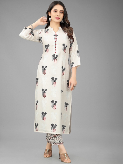 

RUHI FASHION Women Cream-Coloured Printed Empire Kurti with Trousers