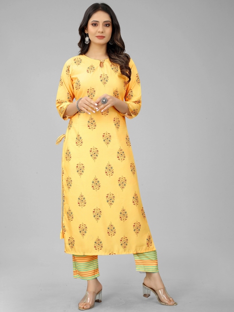 

RUHI FASHION Women Yellow Ethnic Motifs Printed Angrakha Kurti with Trousers