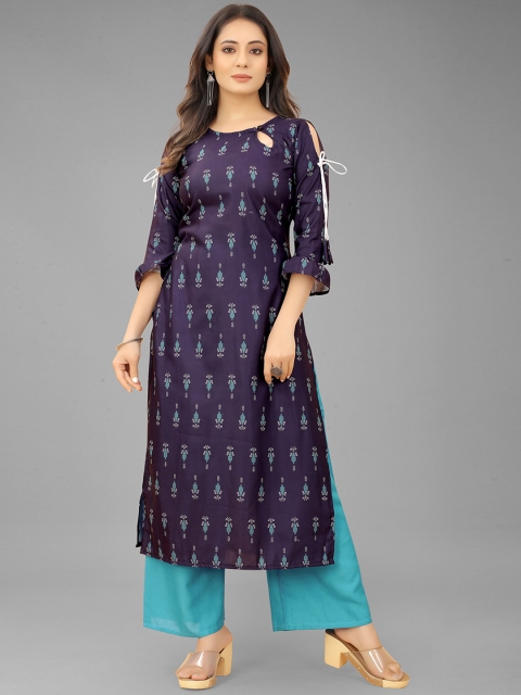

RUHI FASHION Women Blue Ethnic Motifs Printed Kurta with Palazzos, Navy blue