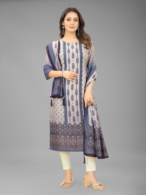 

RUHI FASHION Women Beige & Blue Ethnic Motifs Printed Kurta