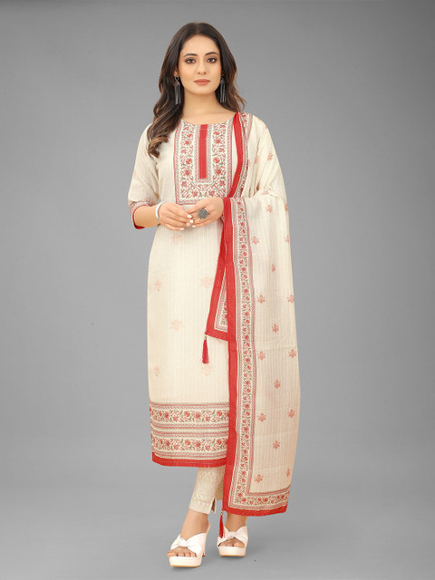 

RUHI FASHION Women Beige & Red Floral Printed Floral Kurta