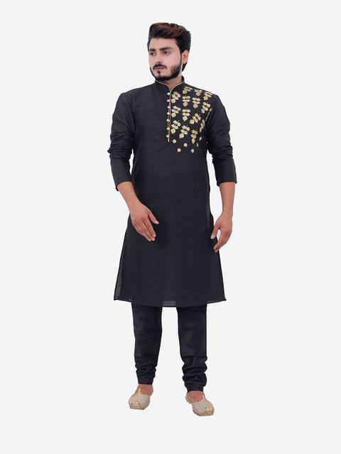 

Tibra Collection Men Black Embroidered Dupion Silk Kurta with Churidar