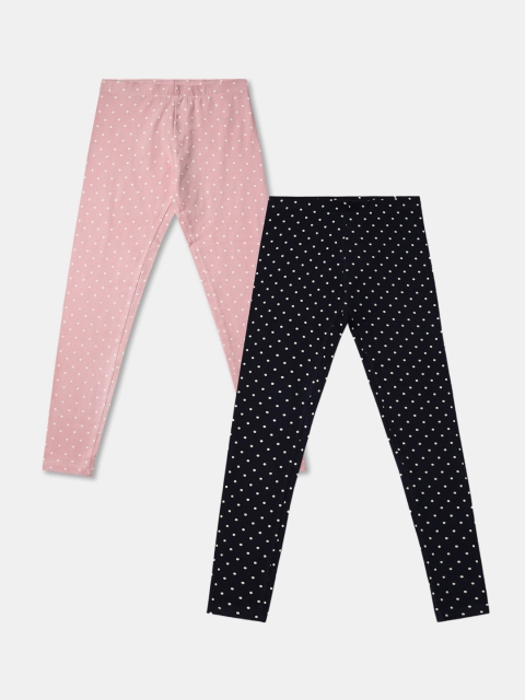 

R&B Girls Pack Of 2 Printed Cotton Leggings, Black