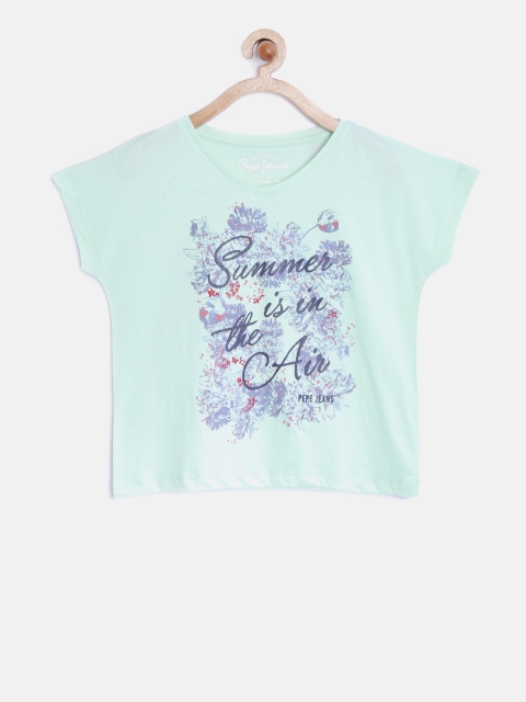 

Pepe Jeans Girls Mint Green Printed V-Neck T-shirt