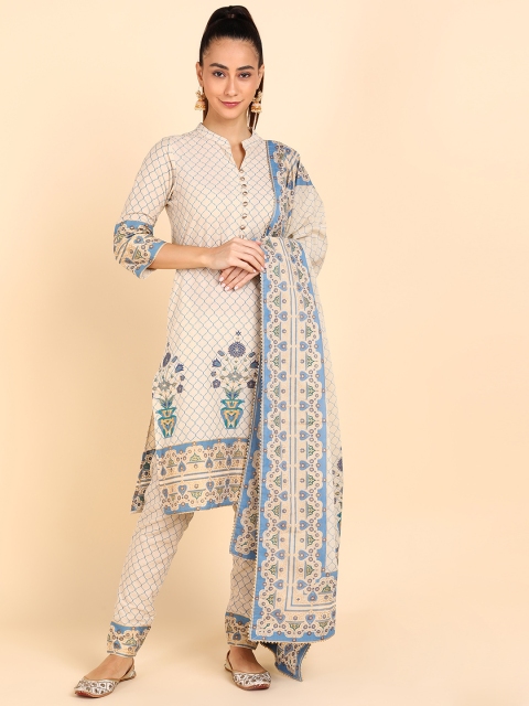 

MAAND Women Blue Ethnic Motifs Printed Panelled Pure Cotton Kurta with Churidar & With Dupatta