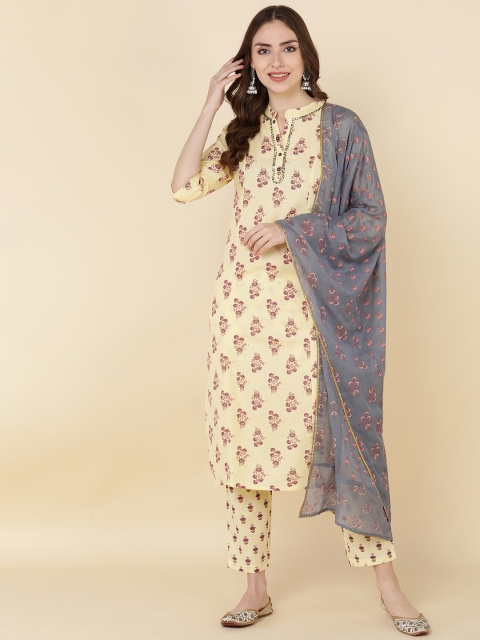 

MAAND Women Mustard Yellow Ethnic Motifs Printed Panelled Kurta with Trousers & Dupatta