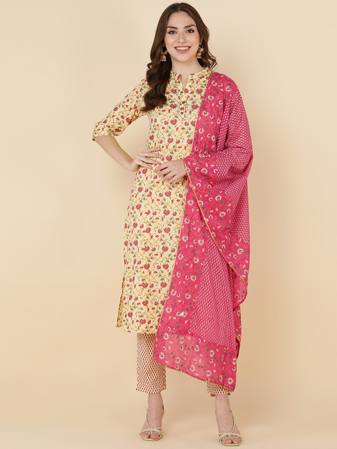 

MAAND Women Mustard Yellow Floral Printed Kurti with Trousers & With Dupatta