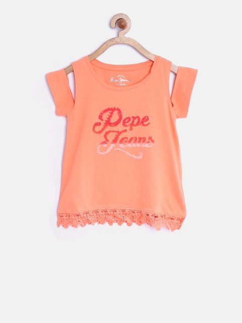 

Pepe Jeans Girls Coral Orange Printed Cold Shoulder Top