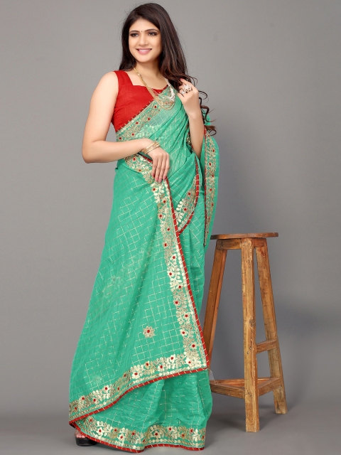 

Satrani Turquoise Blue & Red Checked Polycotton Saree