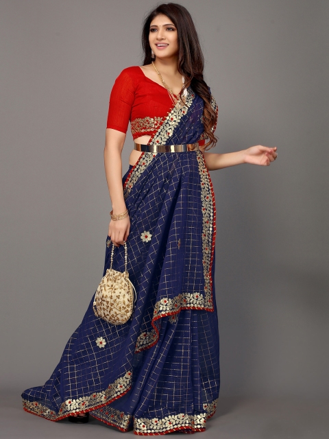 

Satrani Blue & Gold Checked Polycotton Saree