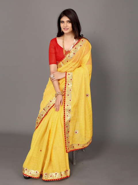 

Satrani Yellow & Red Checked Poly Cotton Saree