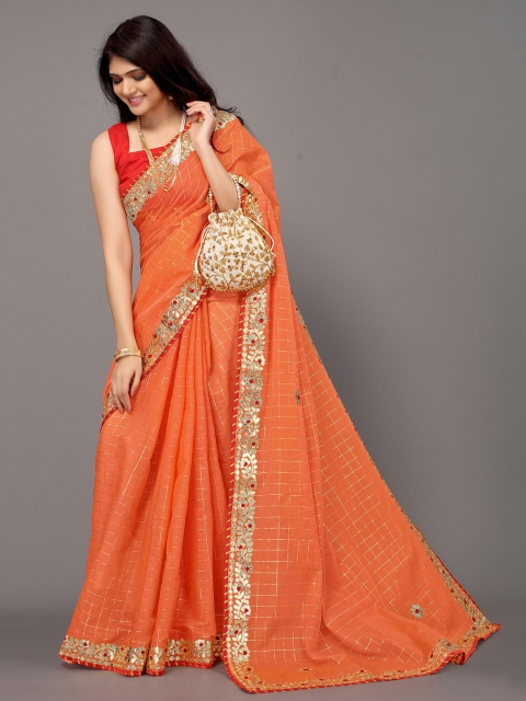 

Satrani Orange & Silver-Toned Checked Polycotton Saree
