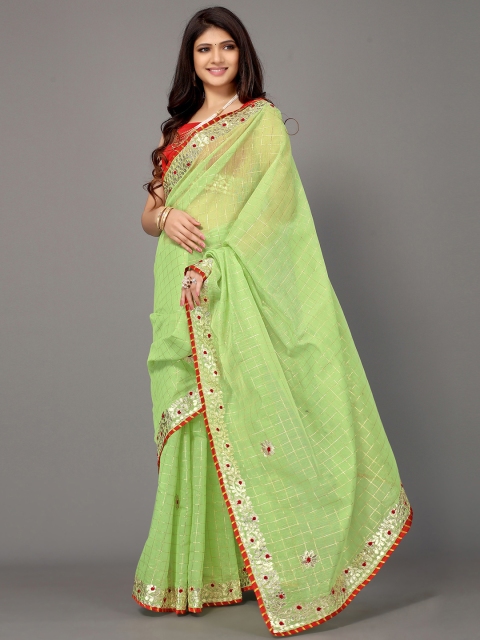 

Satrani Green & Red Checked Polycotton Saree