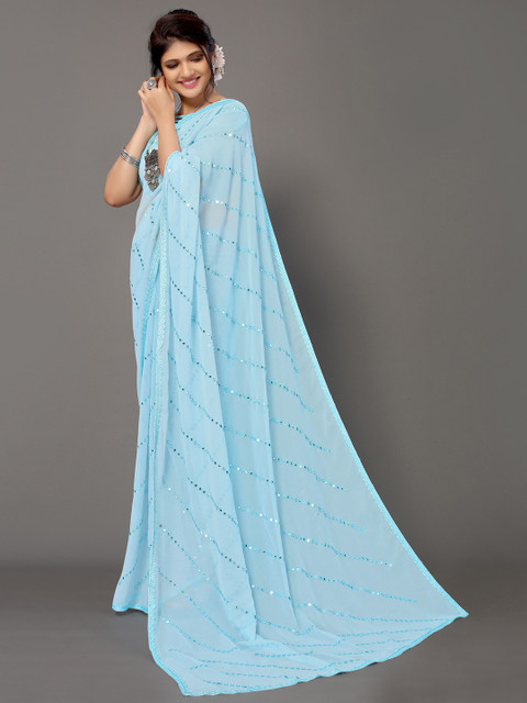 

Satrani Blue Poly Georgette Embellished Mirror Work Saree With Unstitched Blouse Piece