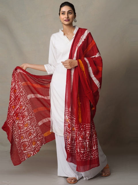 

Unnati Silks Red & Off White Ethnic Motifs Printed Pure Cotton Batik Sustainable Dupatta