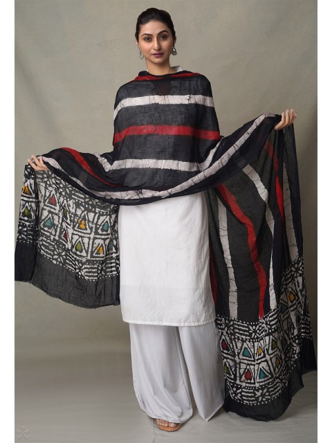 

Unnati Silks Black & White Ethnic Motifs Printed Pure Cotton Batik Dupatta
