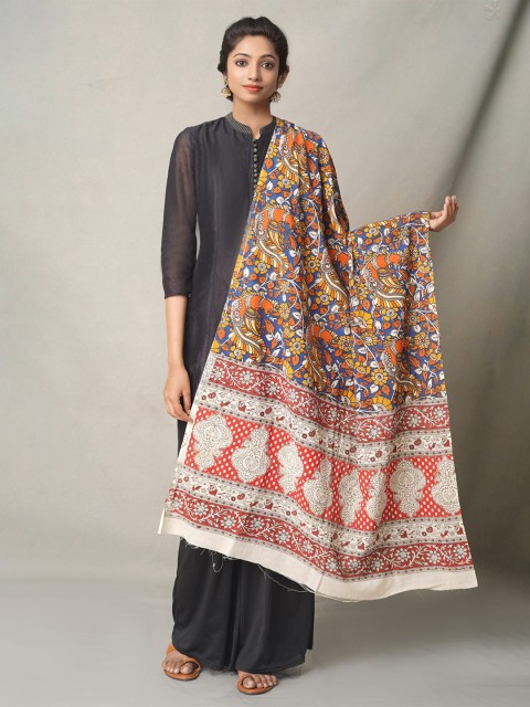 

Unnati Silks Blue & Orange Ethnic Motifs Printed Pure Cotton Kalamkari Dupatta