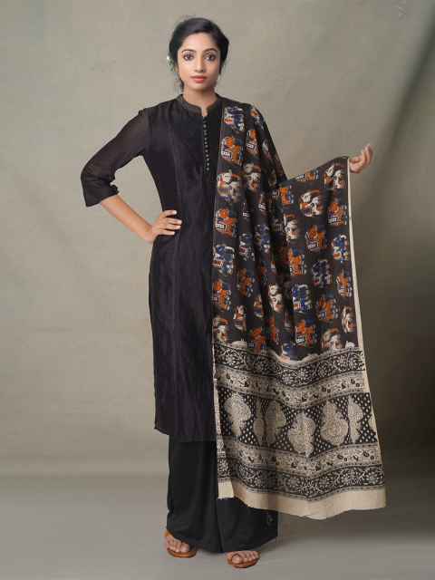 

Unnati Silks Black & Orange Ethnic Motifs Printed Pure Cotton Kalamkari Dupatta