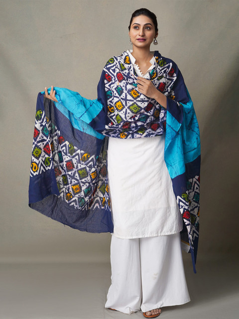 

Unnati Silks Blue & White Ethnic Motifs Printed Pure Cotton Batik Dupatta