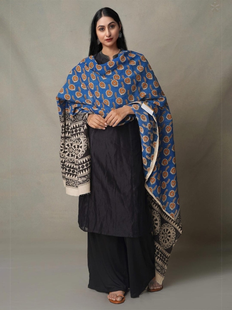 

Unnati Silks Blue & Orange Ethnic Motifs Printed Pure Cotton Kalamkari Dupatta