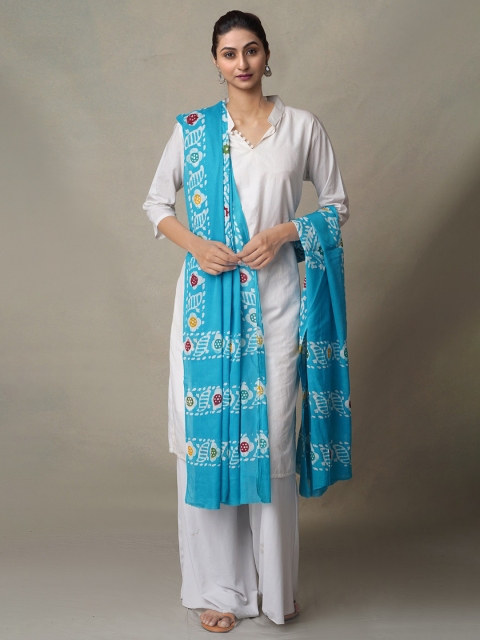 

Unnati Silks Blue & Off White Ethnic Motifs Printed Pure Cotton Batik Dupatta