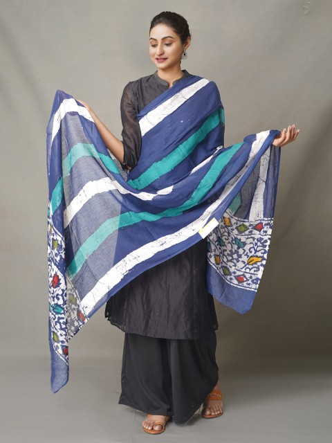 

Unnati Silks Navy Blue & White Ethnic Motifs Printed Pure Cotton Batik Dupatta