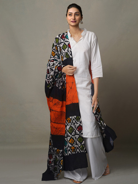 

Unnati Silks Orange & White Ethnic Motifs Printed Pure Cotton Batik Dupatta