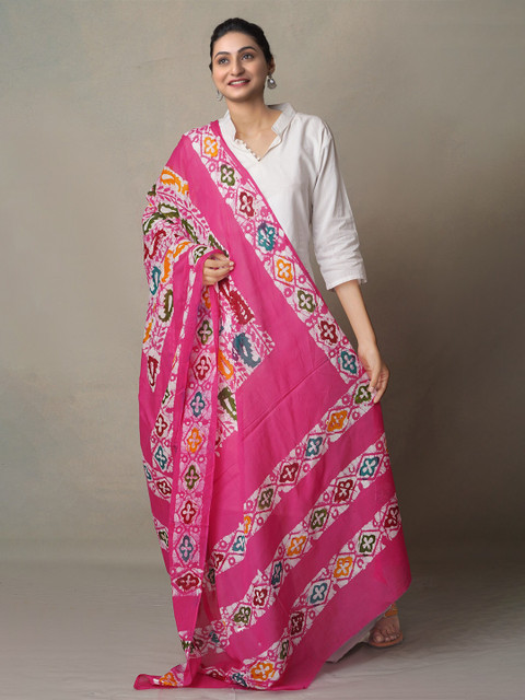 

Unnati Silks Pink & Yellow Ethnic Motifs Printed Pure Cotton Batik Dupatta