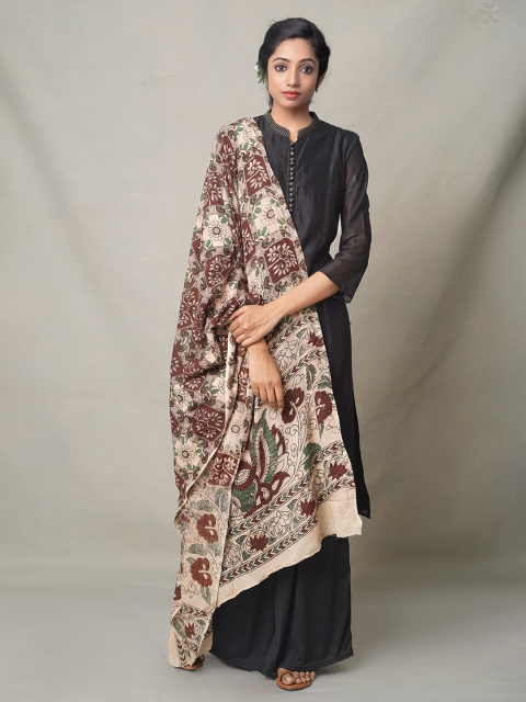 

Unnati Silks Cream-Coloured & Brown Ethnic Motifs Printed Pure Cotton Kalamkari Dupatta