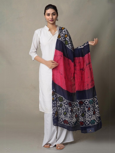 

Unnati Silks Pink & Blue Ethnic Motifs Printed Pure Cotton Batik Dupatta