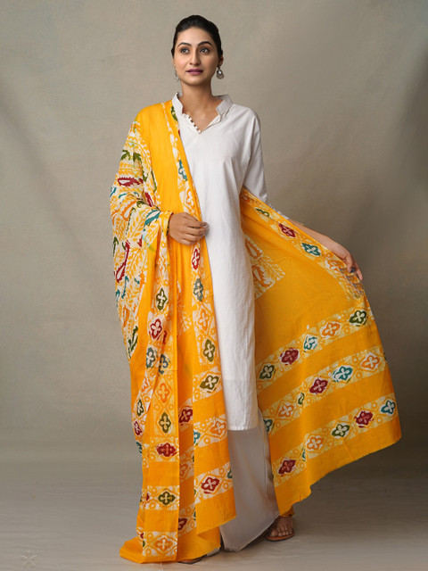 

Unnati Silks Yellow & White Ethnic Motifs Printed Pure Cotton Batik Dupatta