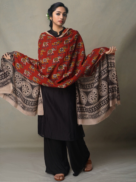 

Unnati Silks Maroon & Black Ethnic Motifs Printed Pure Cotton Kalamkari Dupatta