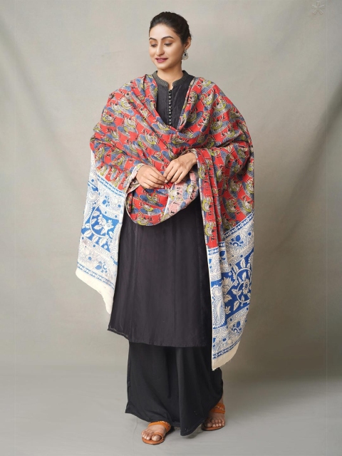 

Unnati Silks women's White & Blue Ethnic Motifs Printed Pure Cotton Kalamkari Dupatta