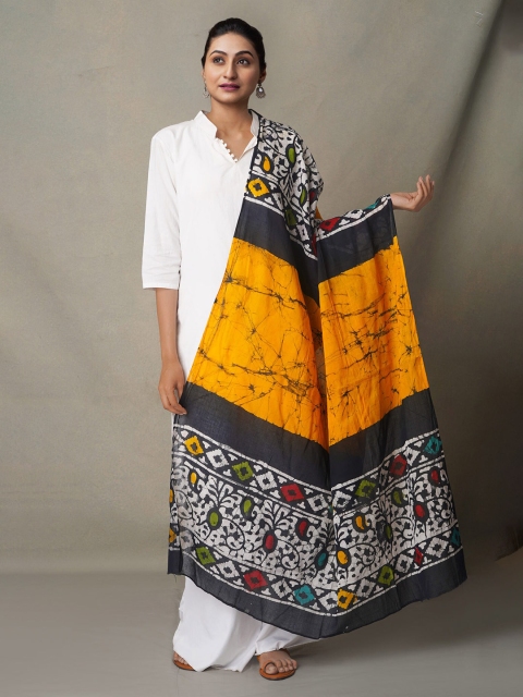 

Unnati Silks Yellow & Navy Blue Ethnic Motifs Printed Pure Cotton Batik Dupatta